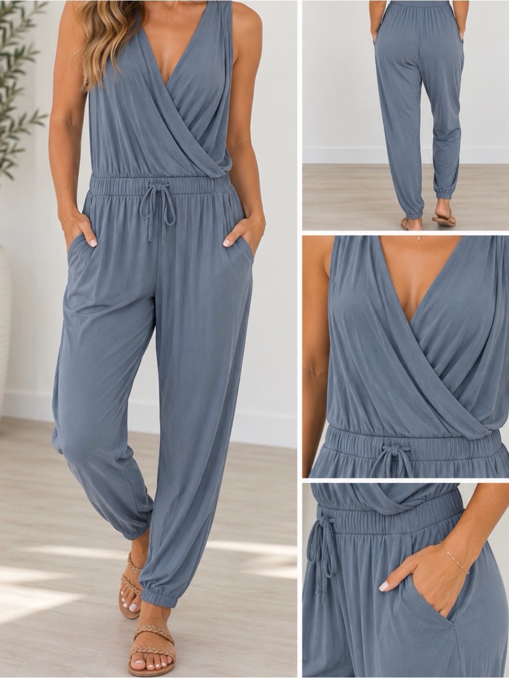 bobi Slate Blue Drawstring Waist Jumpsuit